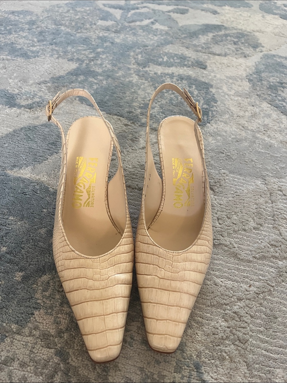 Salvatore Ferragamo Beige Croc-Embossed Slingback Pumps
